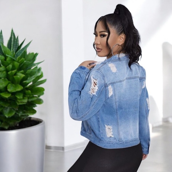 Distressed Tattered Detailing Blue Ripped Button Up Denim Jacket - Picture 5 of 15